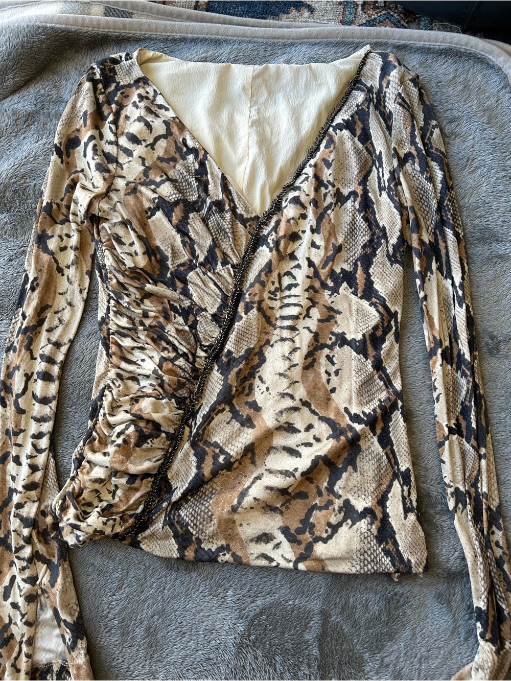 Snake Print Silk Jersey Ruched Long Sleeve Top - size S